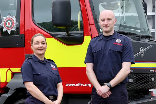 NIFRS Firefighter Graduation course graduates Sharon Townsley and Odhran Bradley, both from Ballyclare.