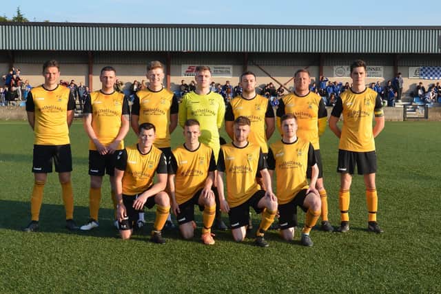 The Dromore Amateurs team ahead of kick-off. Back row, Louis Simpson, Ricky Copeland, Matthew Reain, David Ringland, Christopher Burns, Kris Lindsay and Thomas Martin (captain). Front row, Andrew Henderson, Jonny Rodgers, Tom Stannage and Gavin McCaughan