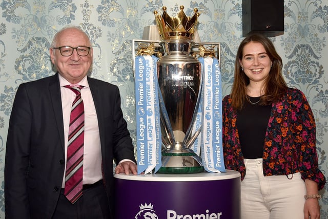 Mark McKeever and daughter Sarah pictured with the Premiership Trophy. INPT18-213.