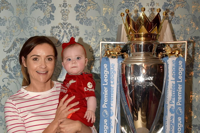 Ciara Magee and little Mollie Magee (7 months) posing with the EPL Trophy. INPT18-202.