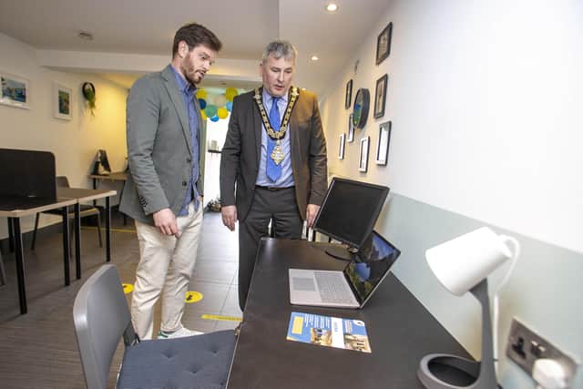 Owner Ben Brennan shows the Mayor of Causeway Coast and Glens Borough Council, Councillor Richard Holmes, around The WorkSpace, a new remote working hub in Portrush