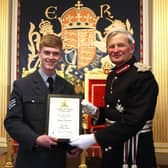 Pictured at the Hillsborough Castle ceremony Cadet Sergeant Rhys Millar from Carrickfergus receives the Citation to mark his appointment as Her Majesty’s Lord Lieutenant’s Cadet from Mr David McCorkell, Her Majesty's Lord Lieutenant for County Antrim.