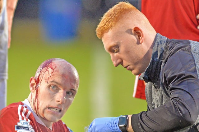 Portadown's Greg Hall who was injured during the game. INPT19-218.