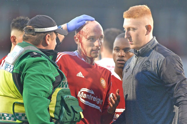 Portadown's Greg Hall who was injured during the game. INPT19-219.