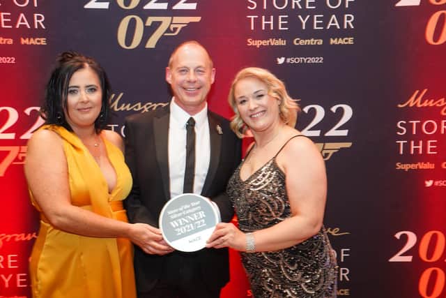 Andrea Hunter (left) and Kelly Jones from MACE McCann’s Greenisland receive the silver award for MACE store of the year in the under 1,800 sq ft category. They are joined by MACE sales advisor Alastair Patterson.