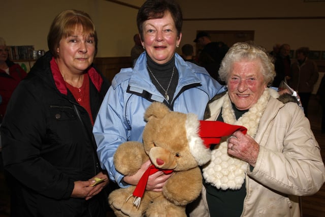 READY, TEDDY, GO...Rosemary Nixon, Eleanor Moore and Evelyn Fleming pictured during the Dunluce Parish Church Christmas Fair. CR50-168PL