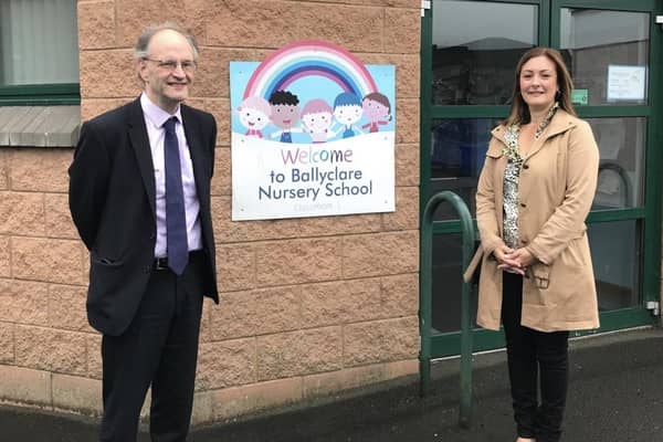 Former Education Minister Peter Weir and Principal of Ballyclare Nursery School, Emma Corry.