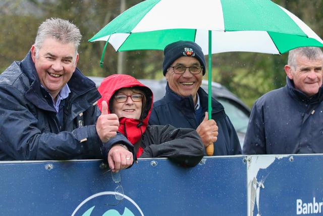 Happy Bann supporters watching their team win the relegation play-off. Left to right, John Ewart, Louise Ewart, George Scott and Sam Grattan.