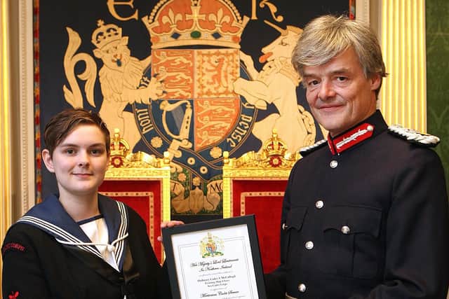 Pictured at the Hillsborough Castle ceremony Ordinary Cadet Sophie McCullagh receives the Citation to mark her appointment from Mr Gawn Rowan-Hamilton, Her Majesty’s Lord Lieutenant for County Down