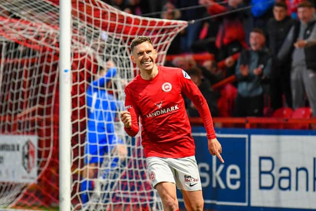 Mark Randall celebrates after putting Larne 2-0 up late on