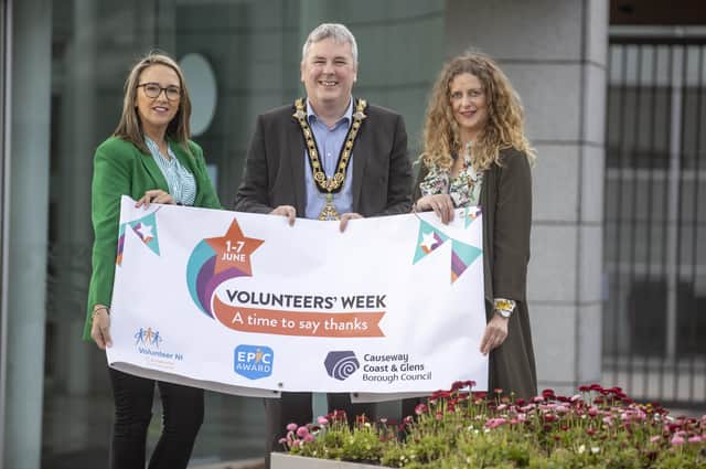 Announcing the plans for Volunteers Week at Causeway Coast and Glens Borough Council are (l-r): Ciara McNickle, Development Officer, Causeway Volunteer Centre, the Mayor of Causeway Coast and Glens Borough Council, Cllr Richard Holmes and Catherine Farrimond, Community Development Officer