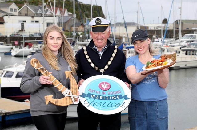 Shauna Mcfall, Naturally North Coast and Glens, Brian Mc Lister, President of Ballycastle Chamber of Commerce, Emer Mullin, Thyme & Co, Ballycastle.pictured at the Launch of the Rathlin Island Maritime festival. PICTURE STEVEN MCAULEY/MCAULEY MULTIMEDIA