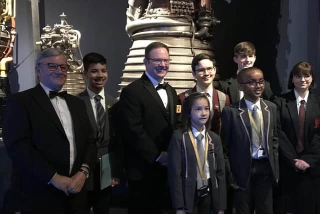 Lord Mawson, Chris Sembroski, SpaceX astronaut and Inspiration4Mission Specialist. and pupils including Andrew Topping from Larne High School  and Matylda Rejus from Ballymena Academy at the prestigious ‘Aim Higher’ Evening Space Gala, which took place at the Science Museum, London