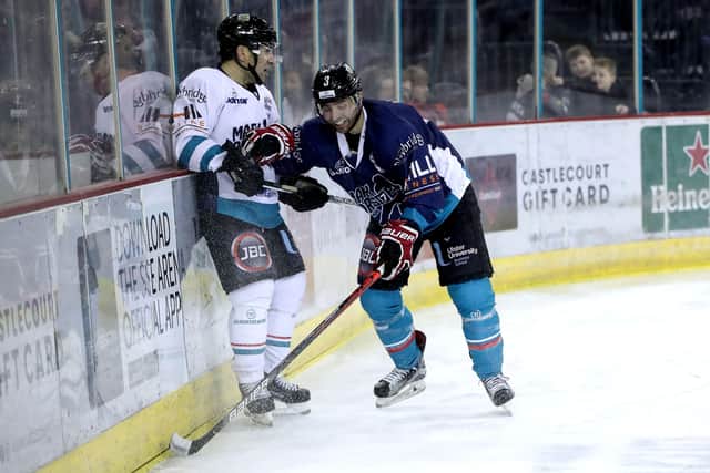 Belfast Giants’ Steve Saviano and Jeff Mason during Mark Garside’s Testimonial at the SSE Arena