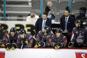 Belfast Giants assistant coach Jeff Mason (right) alongside head coach Adam Keefe during a game in last season’s Elite Ice Hockey League. Mason’s departure from the Giants to take up a new role with the Dundee Stars was announced last weekend