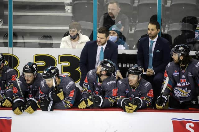 Belfast Giants assistant coach Jeff Mason (right) alongside head coach Adam Keefe during a game in last season’s Elite Ice Hockey League. Mason’s departure from the Giants to take up a new role with the Dundee Stars was announced last weekend