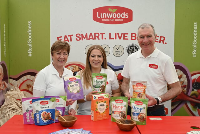 Rachel Holmes, Caroline Johnston and Paul Lappin - Linwoods Healths Foods pictured at the Armagh City Banbridge and Craigavon Borough Council, Food Heartland showcase at Balmoral show. Picture McAuley Multimedia