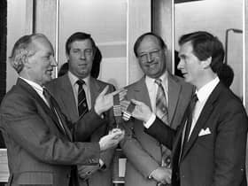 Farming Life presentation of the new chain of offices to NI Agricultural Machinery Dealer’s Association at the start of May 1982. Handing over the chain to the chairman, Mr Holmes Haslett, is Mr Percy Moore. Also in the picture are Mr Maurice Adamson, secretary, and Mr Norman McNicholl, vice chairman of the association. Picture: Farming Life/News Letter