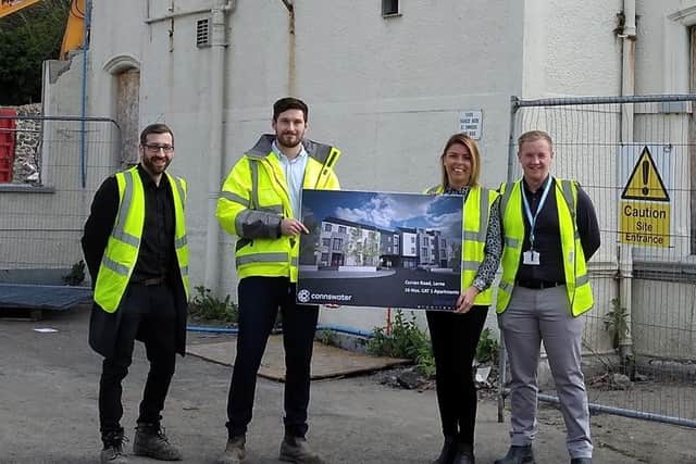 Graeme Skelly, associate director (Doherty Architects); Ryan Carson, health and safety director (Connolly & Fee); Nadine McMahon, head of development (Connswater) and Darren Haveron, development officer (Connswater) at the Curran Road site in Larne.