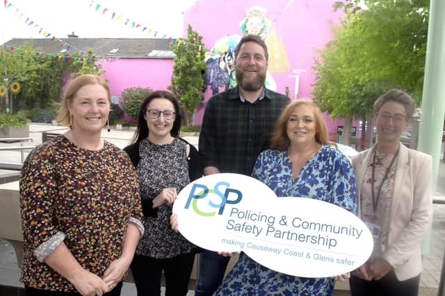 Causeway Coast and Glens Policing and Community Safety Partnership (PCSP) are currently hosting local focus groups as part of a new consultation. Pictured promoting the consultation are (l-r): Gabrielle Fitzpatrick, Leonard Cheshire; Orlaith Quinn and Michael McCafferty, PCSP Officers; Ashleen Schenning, PCSP member; and Heather Logan, Disability Action