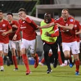 Ronan Hale (left) scored all four goals as Larne battled back from 2-0 down to defeat Glentoran by 4-2 and secure success in the European play-off final. Pic by PressEye Ltd.