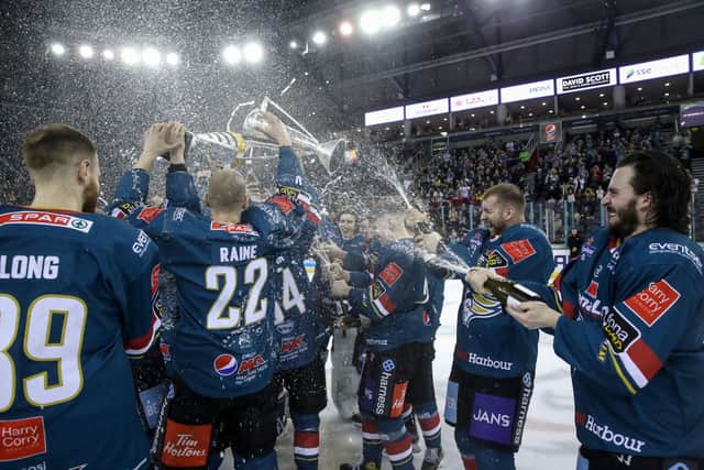 The Belfast Giants with the Elite Ice Hockey League Trophy at the SSE Arena, Belfast