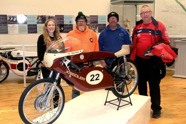 Visitors Shaun Lynch, Declan Cottrell and Michael Singleton (pictured with Jamie Austin, Museum Services Officer) enjoy the new ‘The Race and the Places’ exhibition at Ballymoney Museum