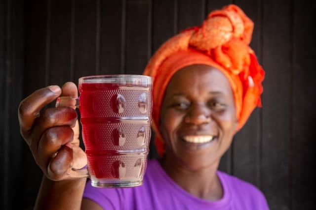 Agnes Machona shows off a cup of the herbal tea she’s made with hibiscus she’s grown herself. Diversifying into drought-resistant hibiscus production has allowed Agnes to earn enough money to feed her family despite poor rainfall. Credit: Christian Aid/David Brazier