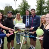 Serving up a slice of the action at the launch of the 2022 Kirk’s Bakery North of Ireland Tennis Championships at Downshire Tennis Club, Hillsborough is defending champion and former Davis Cup player Peter Bothwell accompanied by players Amber Young, Downshire Tennis Club captain Sharon Dennison, sponsor Sonya Kirk, president of Ulster Tennis Greg O’Rawe, Sam Bothwell, Isabella Connor and Maggie Gilmartin. The championships run from 11th to 18th June. Picture by Freddie Parkinson