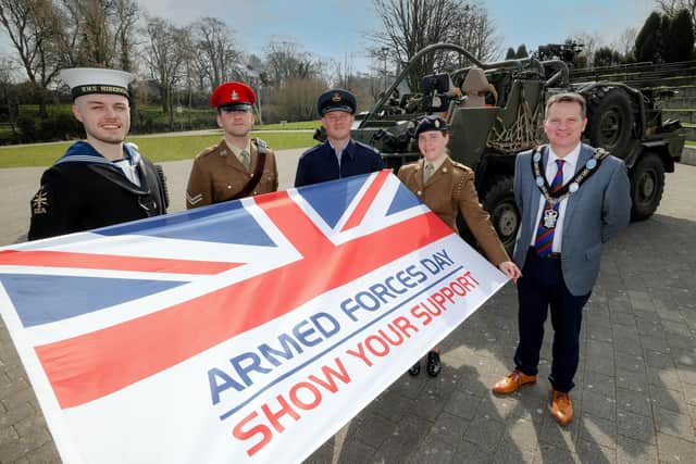 Armed Services personnel join the Lord Mayor of Armagh City, Banbridge and Craigavon Borough, Alderman Glenn Barr, to officially launch this year’s regional Armed Forces Day celebrations in Banbridge on Saturday 18 June (10.30am-5.15pm). Enjoy a mega military and musical spectacular. Join in the celebrations. Find out more at armedforcesdayni.co.uk