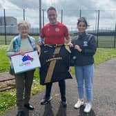 Jean Haveron, MEAAP trustee; Albert Watson, Larne FC vice-captain and
Una McNaughton, IMPACTAgewell officer