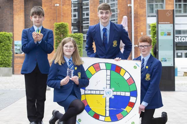 Winners of Trócaire’s annual Game Changers competition, Students (L to R) Peter McCool, Dean McCool, Erin O'Reilly and Jack McAllister from Loreto College, Coleraine. Photo: Peter Houlihan