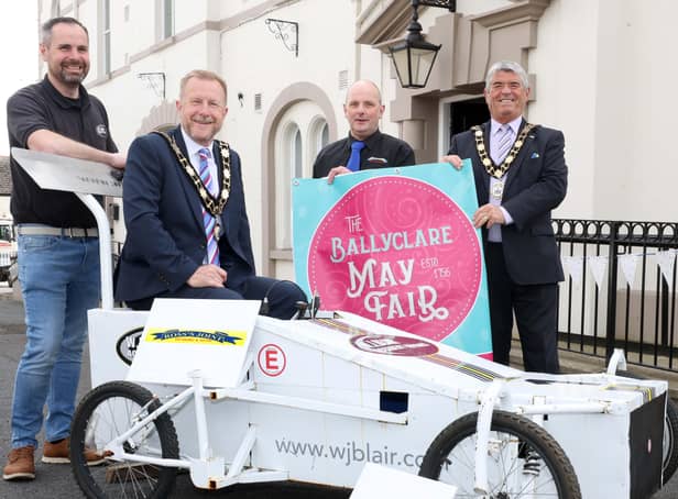 The Mayor, Councillor Billy Webb and Deputy Mayor, Councillor Stephen Ross,  with the sponsors of the popular Soap Box Derby event, at the launch of  the May Fair.