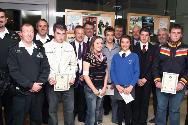 Pictured are the main prizewinners representing Dalriada, Our Lady of Lourdes and Ballymoney High School, at the Ballymoney PSNI and Borough Council Outward Bound Awards in 2007 at the Town Hall. Included are PSNI Neighbourhood Consts., Davy Mitchell, Owen Blair,Tommy Madden and Mark Morrison, Ch Insp David Wallace, MLA Mervyn Storey, David Burke and Peter Simm, (Outward Bound) and Claire Crawford, (Community Relations Officer)