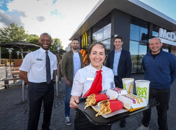 Andy Duncan, franchisee supervisor, McDonald’s Larne & Antrim, Neil McManus, Antrim GAA, Gemma Caldwell, business manager, McDonald’s Larne,  Paddy Cusack, franchisee, McDonald’s Larne & Antrim and  Rory Best, former Ireland & Ulster Rugby