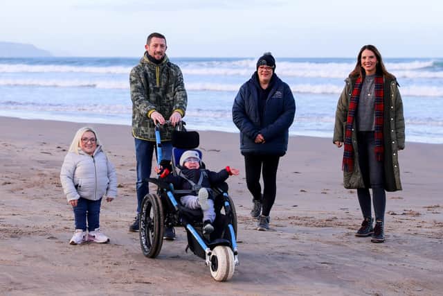 Jane, Gordy and Archie (age 6) Stewart joined Pippa Campbell from the Mae Murray Foundation and Anna Corry from Blossoming Birds at the launch of the fundraising campaign to help make Portstewart an Inclusive Beach time in for the new 2022 season