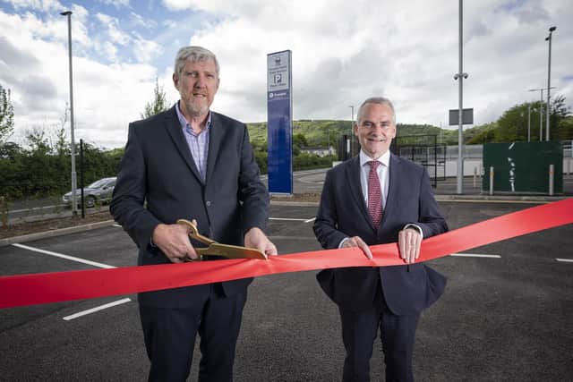 Infrastructure Minister John O’Dowd and Chris Conway,  chief executive of Translink, officially open the new Park and Ride facility at Trooperslane, Carrickfergus.