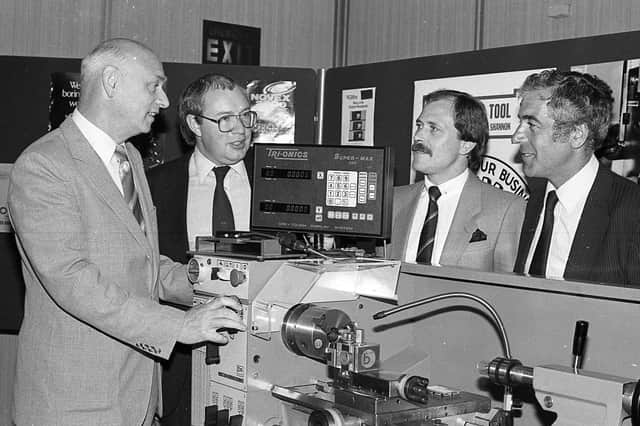 Mr Ken Craig, left, chairman of the new board of Lisburn based Modern Tool in April 1982 pictured with Mr Alan Burnside, assistant director CBI, Mr Steve Lawrence, sales executive, and Mr Gerald Torrens, director. The business, reported the News Letter, had been taken over by six directors with help of a 40 percent loan from the bank-owned financial institution, the Industrial and Commercial Finance Corporation. Picture: News Letter archives