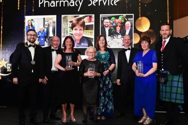 Graham Powrie, capability manager at Johnson & Johnson, presented the awards. Pictured are Isobel Keenan (over 50 years service with Adrian Rice of McKenzies Pharmacy); Sadie Jefferson (70 years plus service with Lyndsay Sinclair of Gordons Chemists Portrush); Bernie McLauglin (45 plus years service with Eoghan O’Brien, Bannside Pharmacy)