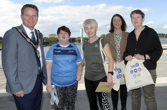 Lord Mayor Barr presents prizes to Walk ABC Challenge winners, Jodie and Bernie O'Connor, Diane Woods and Wendy Hilditch.