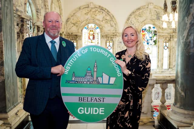 Trevor Russell from Banbridge and Anna Phillips from Antrim enjoying the Green Badge Tourist Guide graduation at Belfast City Hall