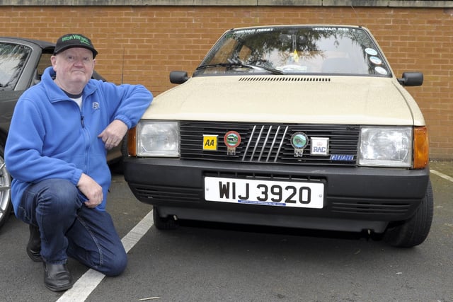 Car Show, Banbridge Civic Building 18th May 2022 in aid of the Lord Mayors Charities - Angel Wishes and Guide Dogs. Eugene Woods and his 1985 Fiat Uno.  ©Paul Byrne Photography