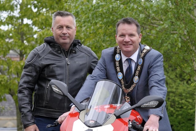 Car Show, Banbridge Civic Building 18th May 2022 in aid of the Lord Mayors Charities - Angel Wishes and Guide Dogs. The Lord Mayor takes control of the 2019 Carl Fogarty Anniversary Ducati Panigale 34 belonging to Colin McDonald. ©Paul Byrne Photography