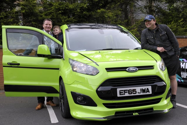Car Show, Banbridge Civic Building 18th May 2022 in aid of the Lord Mayors Charities - Angel Wishes and Guide Dogs. Lord Mayor, Alderman Glenn Barr and son Billy at the 2015 Custom Built Ford Transit belonging to Gerry Drake. ©Edward Byrne Photography