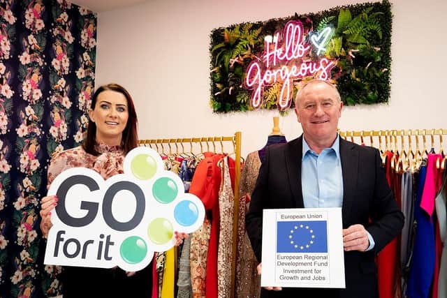 Designer Dolls Dress Hire founder, Charlene Murdoch along with councillor of Armagh City, Banbridge and Craigavon Borough Council, Declan McAlinden