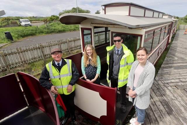 Andy (left) and Philip from the Giant’s Causeway and Bushmills Railway with Museum Officers Jamie Austin and Rachel Archibald