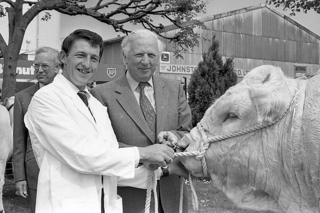 Pictured at the Balmoral Show in May 1982 is the Secretary of State for Northern Ireland Mr Jim Prior, who is seen here chatting to Mr Barney O’Kane from Limavady. Picture: Farming Life/News Letter archives