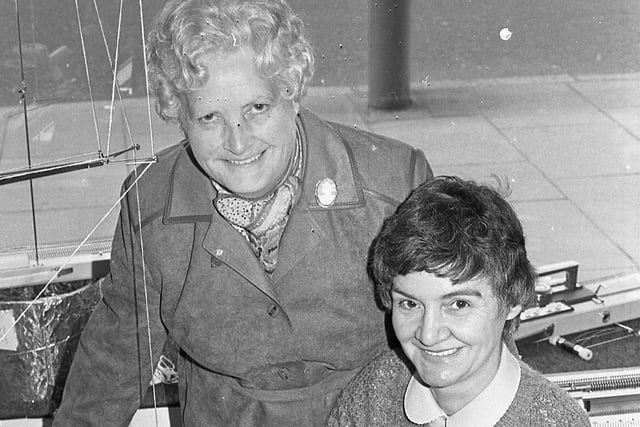 Mrs Mabel Edgar, left, from Dromara, Co Down, pictured in May 1982, collecting her prize in the News Letter’s Knitmaster competition. Miss Annie Cromie, knitting adviser at Sherwood’s was on hand to give Mrs Edgar a few tips on the use of her new machine. Picture: News Letter archives