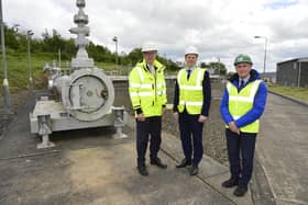 Pictured (L-R) at the Ballylumford power station is: Gerard McIlroy, Finance Director at Mutual Energy, Economy Minister Gordon Lyons and David Surplus, CEO, B9 Energy. Mutual Energy and B9 Energy are part of the Ballylumford Power-to-X project collaboration which aims to create a full-cycle hydrogen economy, from production and storage through to distribution and usage, at the site and beyond.