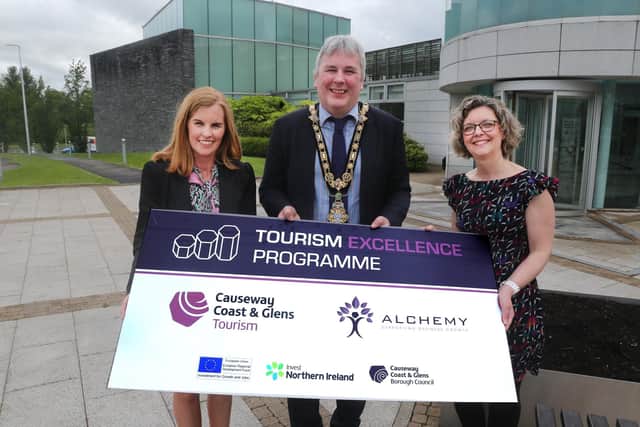 Pictured at the launch of the third round of Causeway Coast and Glens Borough Council’s Tourism Excellence Programme are Destination Manager Kerrie McGonigle, the Mayor, Councillor Richard Holmes, and Economic Development Officer Louise Pollock